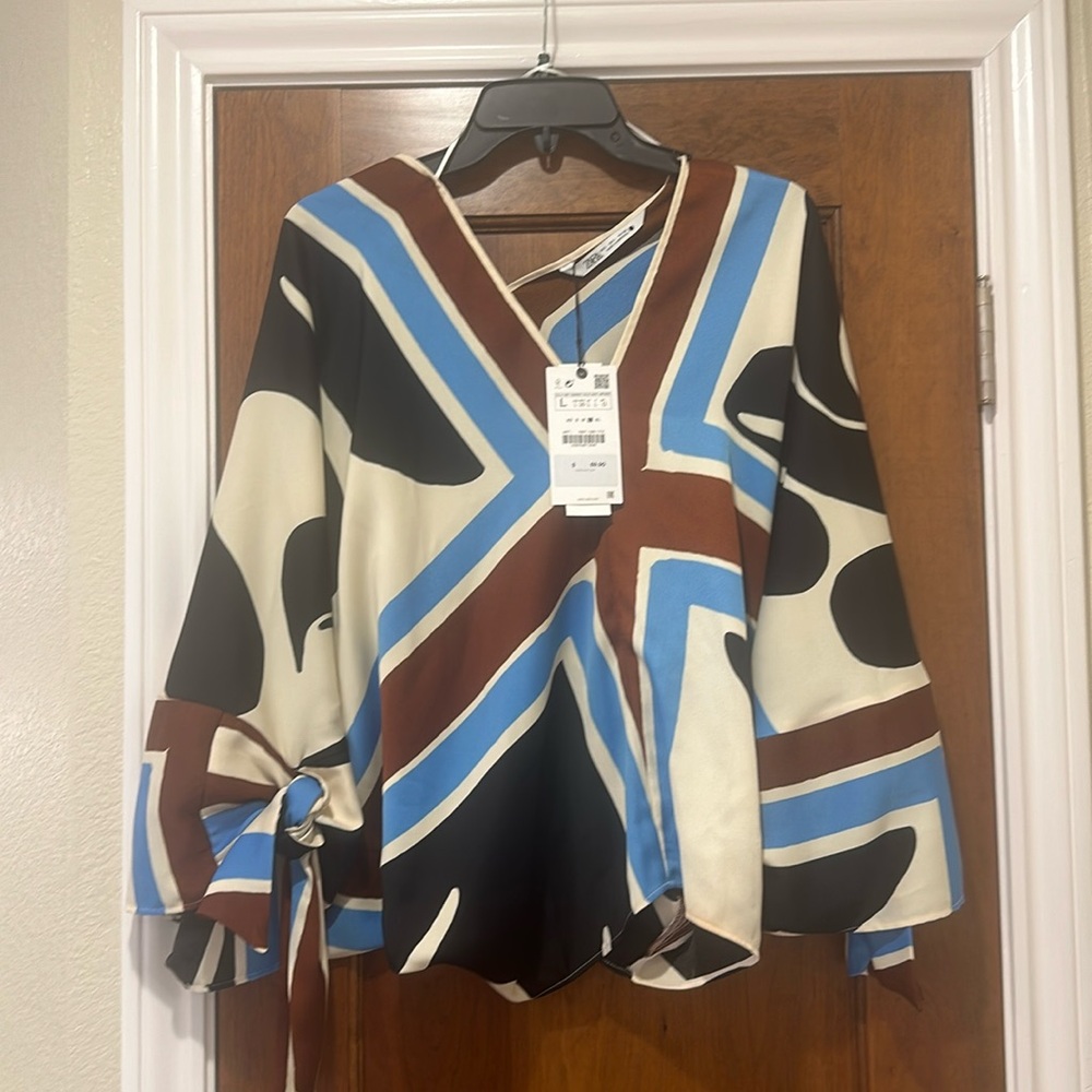 Zara double v neck silky blouse with batwing sleeve and tie sleeve embellishment
